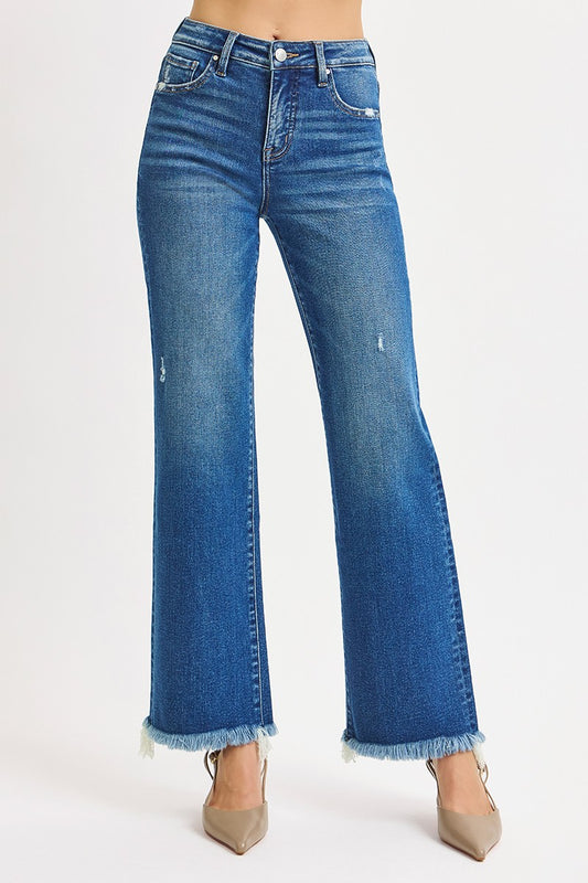 Risen Dark Blue Mid Rise Ankle Straight Fray Hem Jeans