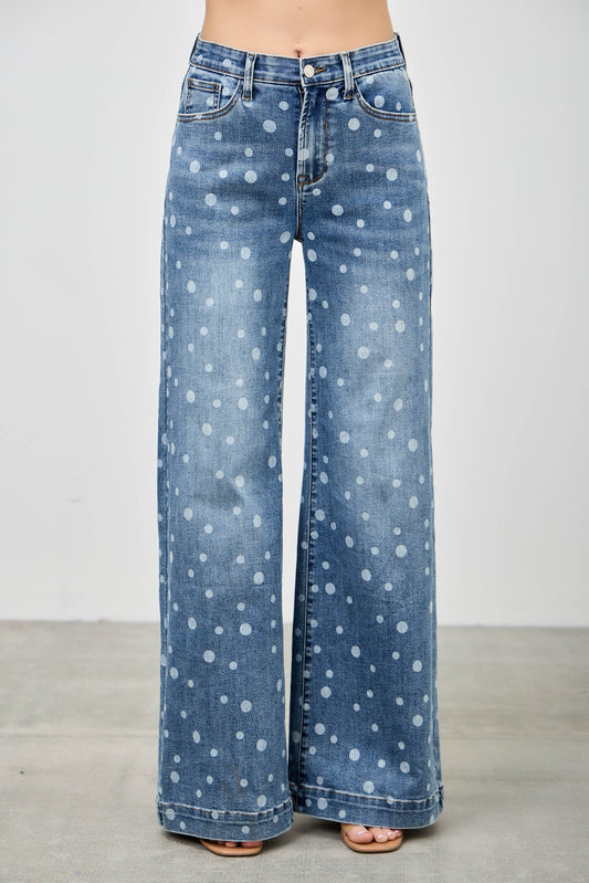 Saige Denim High Rise Wide Leg Jeans with Polka Dots