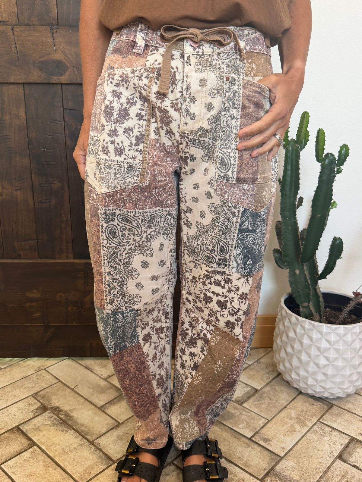 Risen Patchwork Printed Barrel Jeans