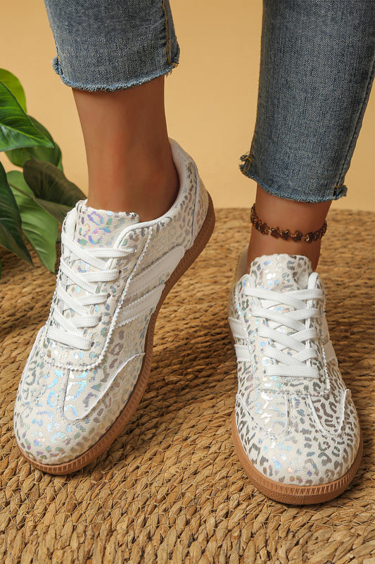 White PU Leather Leopard Printed Lace-up Sneakers-ships apx 2-20