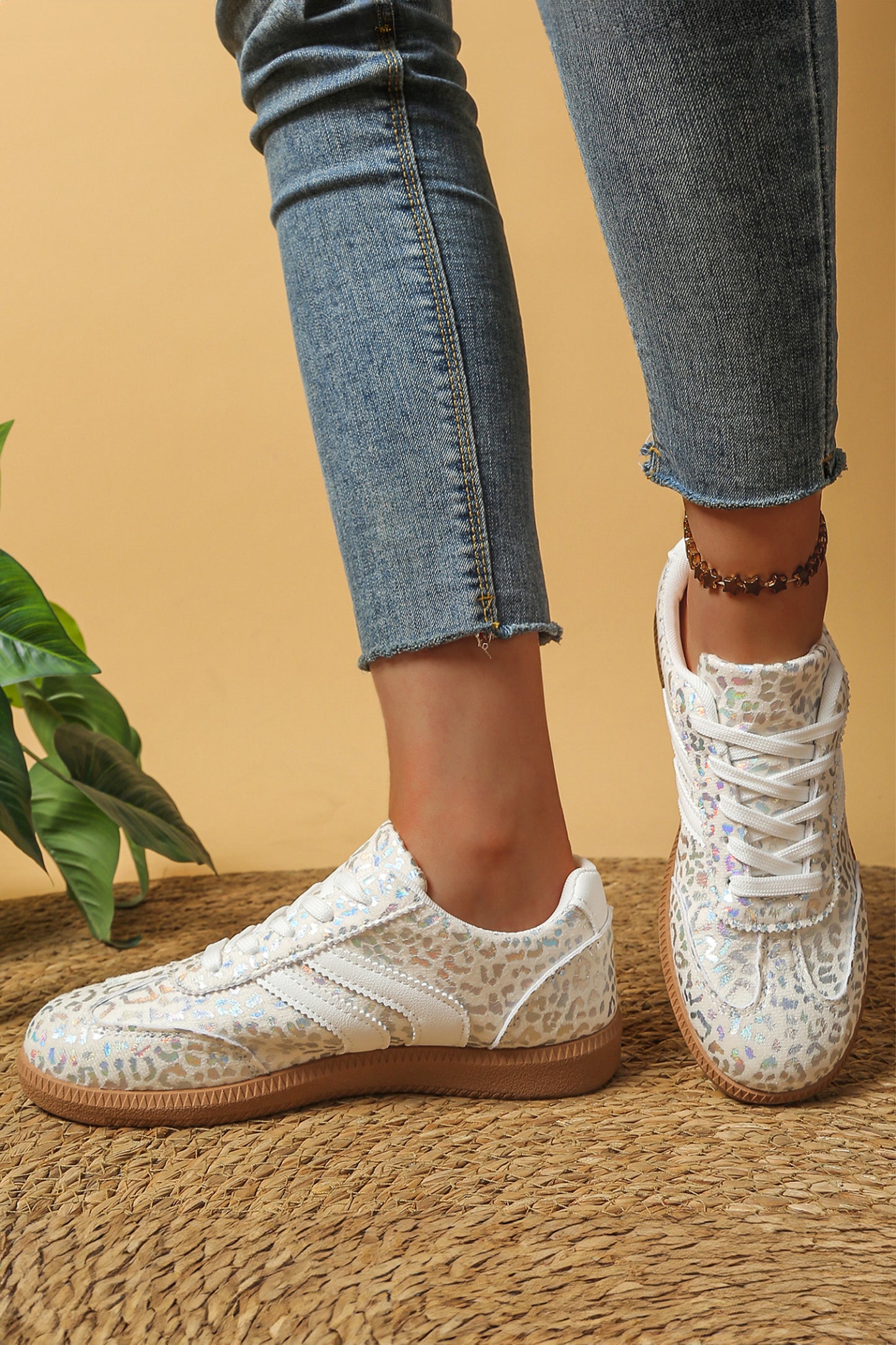 White PU Leather Leopard Printed Lace-up Sneakers-ships apx 2-20