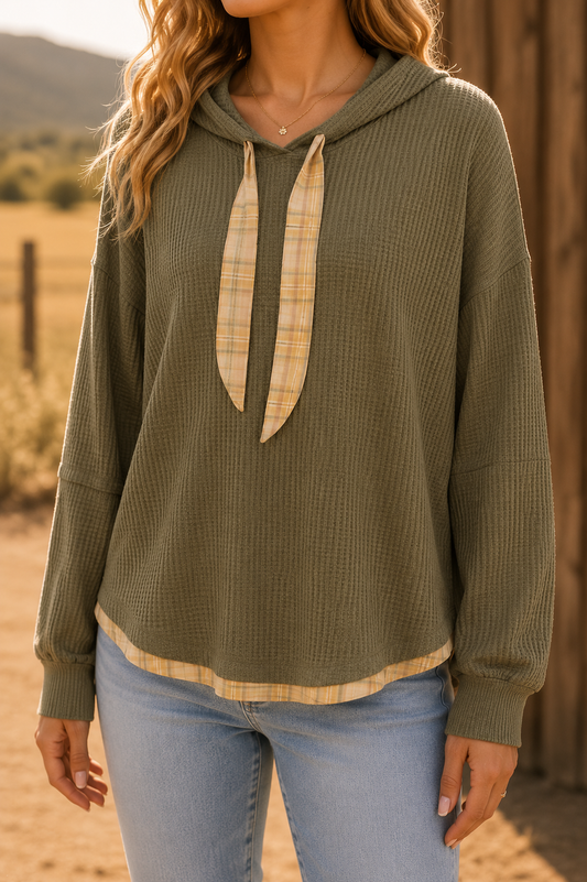Doe and Rae Plaid Tie Hoodie Top