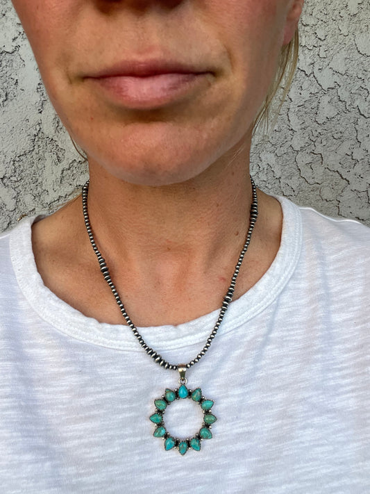 Sterling silver bead and genuine turquoise sun necklace Exclusive