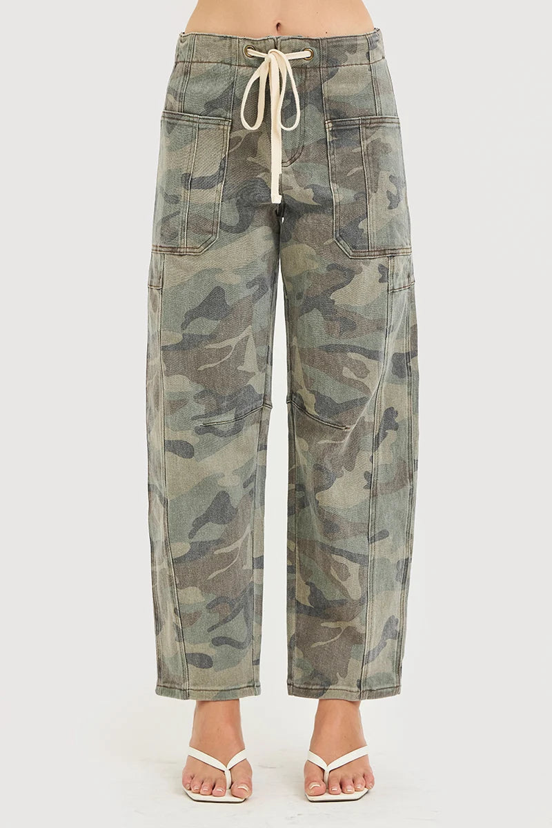 Risen Camo High Rise Crop Barrel Jeans