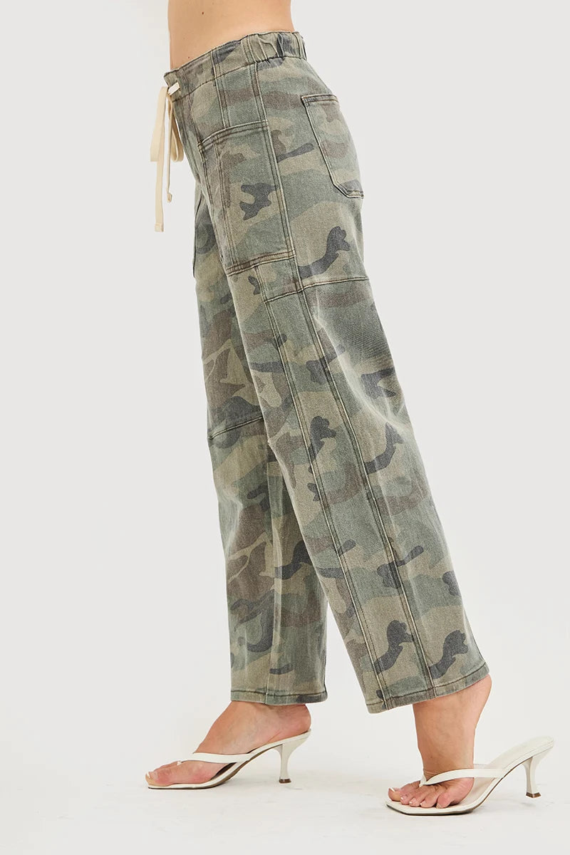 Risen Camo High Rise Crop Barrel Jeans