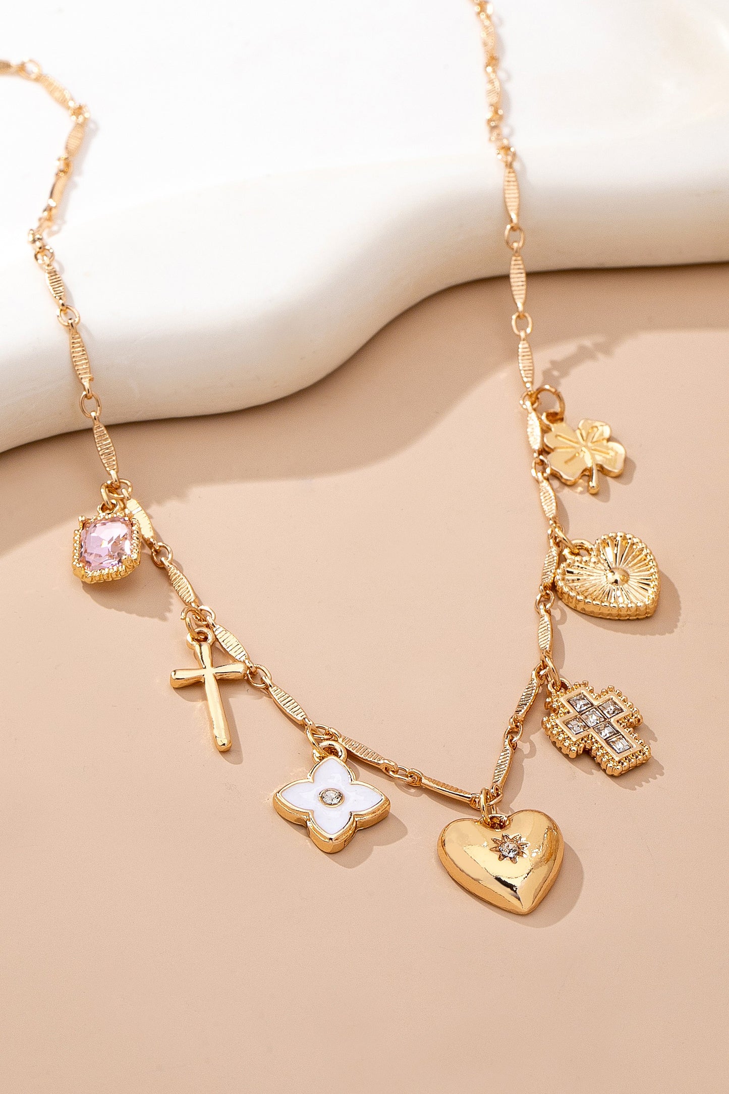 Charm Necklace-crosses Hearts Flowers Clovers