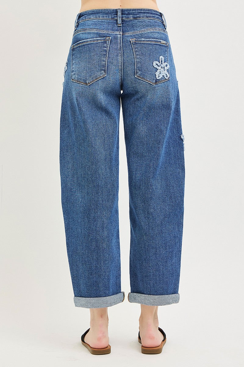 Risen Jeans Slouchy Cropped Barrel Jeans With Flower Patch Details - Dark