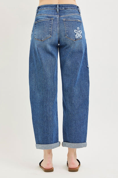 Risen Jeans Slouchy Cropped Barrel Jeans With Flower Patch Details - Dark