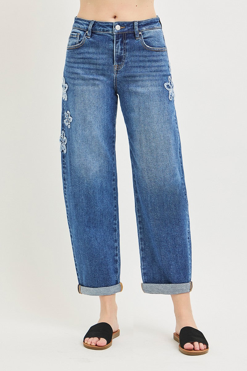 Risen Jeans Slouchy Cropped Barrel Jeans With Flower Patch Details - Dark