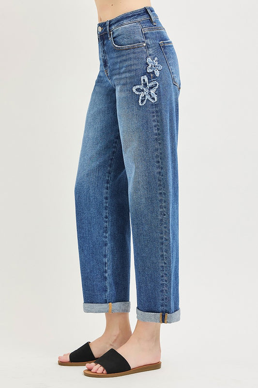 Risen Jeans Slouchy Cropped Barrel Jeans With Flower Patch Details - Dark