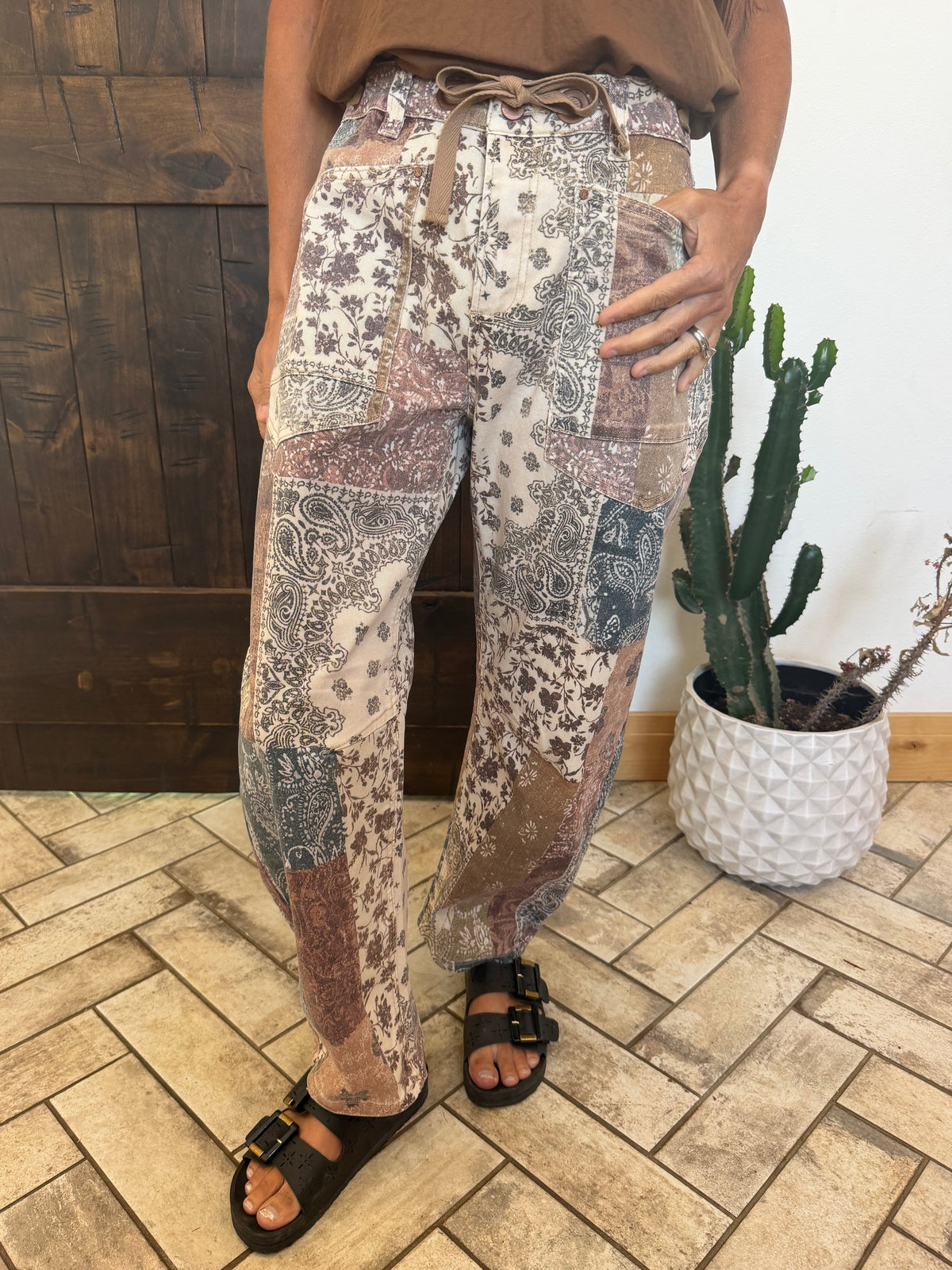 Risen Patchwork Printed Barrel Jeans