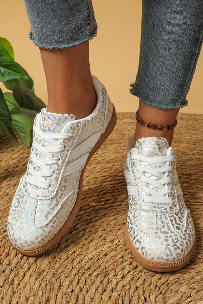 White PU Leather Leopard Printed Lace-up Sneakers-ships apx 2-20