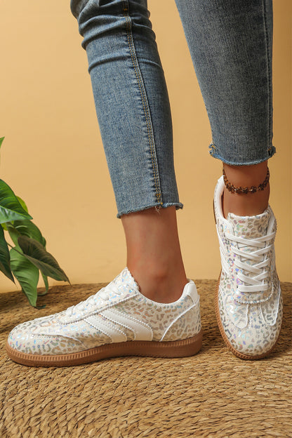 White PU Leather Leopard Printed Lace-up Sneakers-ships apx 2-20