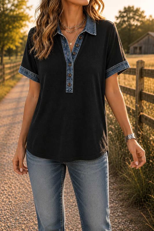 Black Denim Button Polo Collar Top