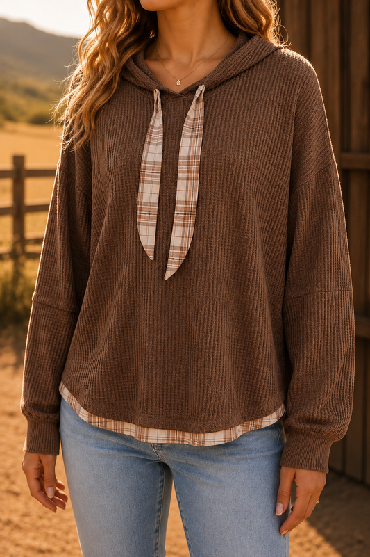 Doe and Rae Plaid Tie Hoodie Top