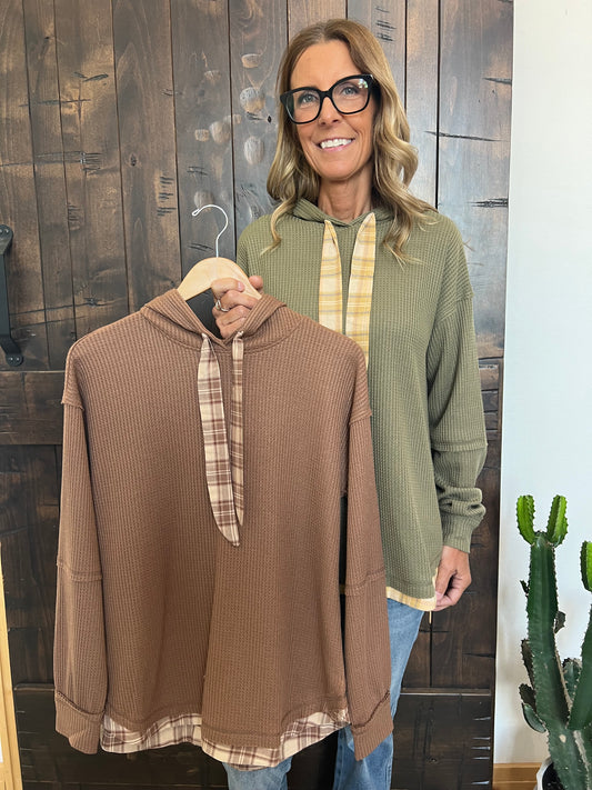 Doe and Rae Plaid Tie Hoodie Top