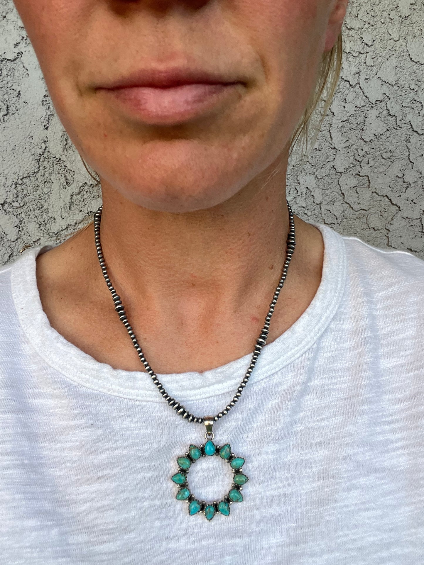 Sterling silver bead and genuine turquoise sun necklace