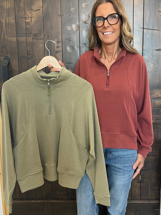 Doe and Rae Quarter Zip Textured Sweatshirt