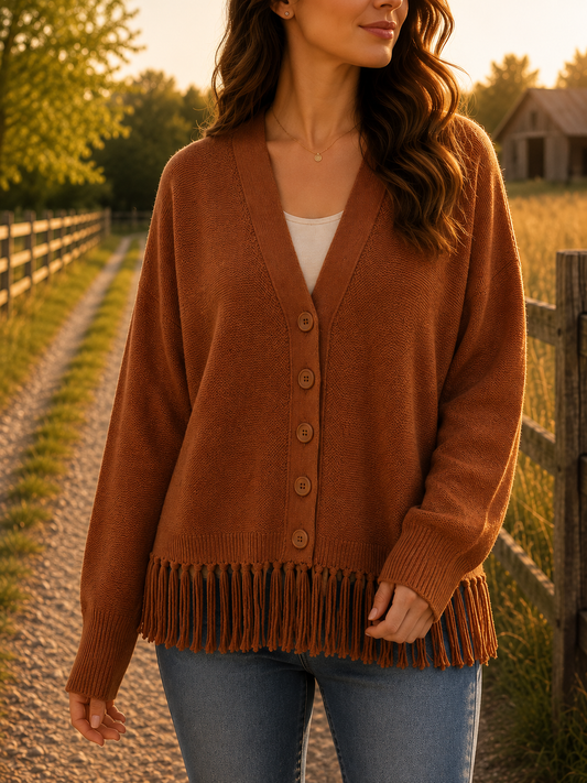 Staccato Fringe Hem V Neck Button Down Cardigan