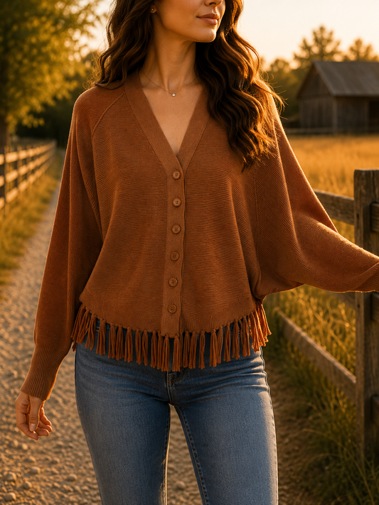 Staccato Fringe Hem V Neck Button Down Cardigan