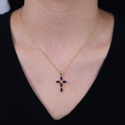 Original Marquise Sapphire Blue Zircon Cross Pendant Necklace