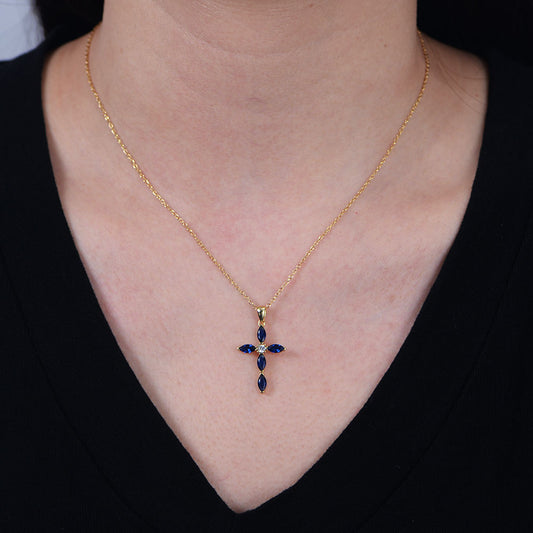 Original Marquise Sapphire Blue Zircon Cross Pendant Necklace