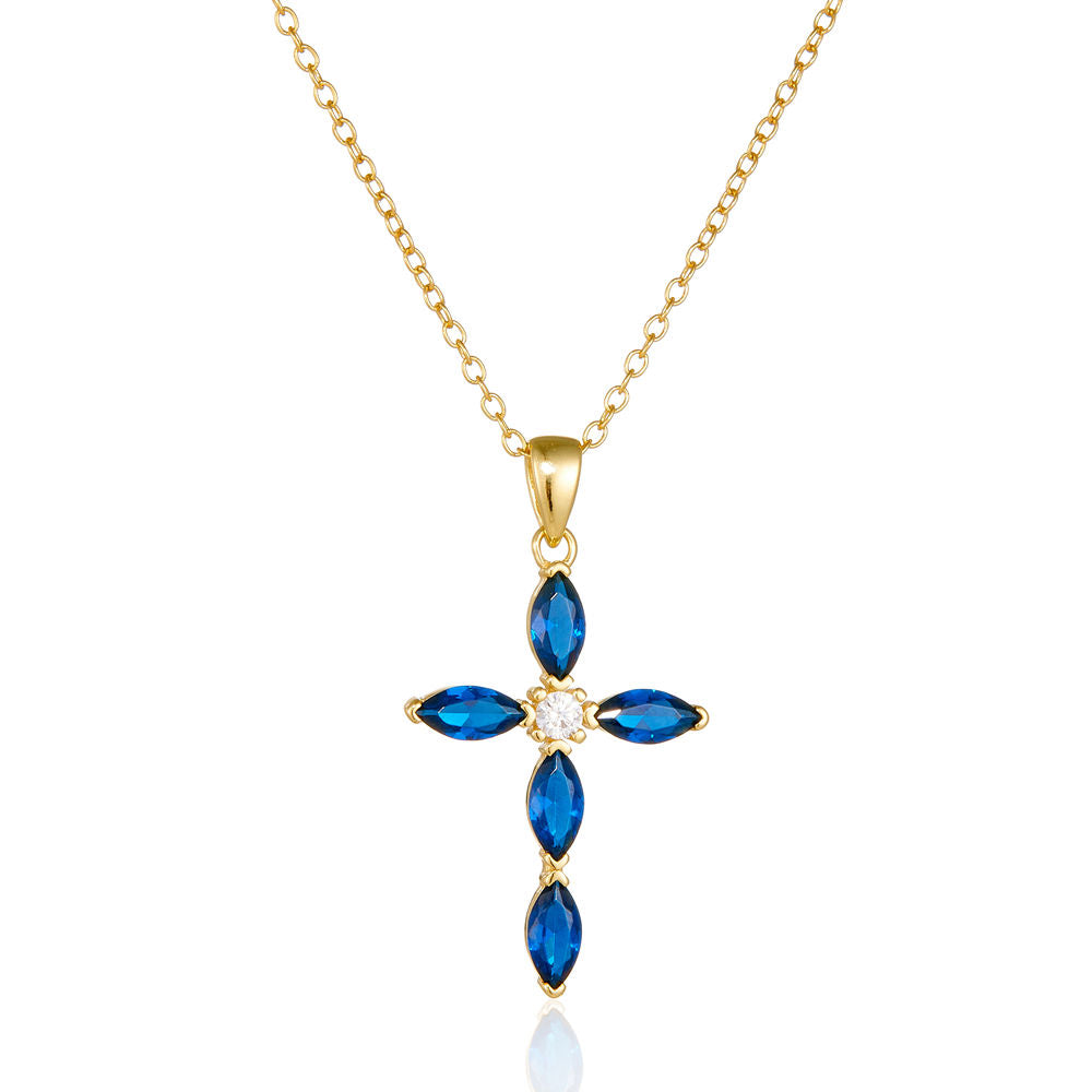 Original Marquise Sapphire Blue Zircon Cross Pendant Necklace
