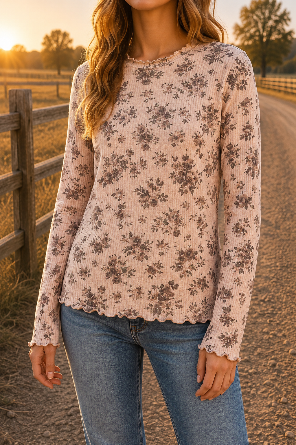 Haptics Floral Ribbed Knit Long Sleeve