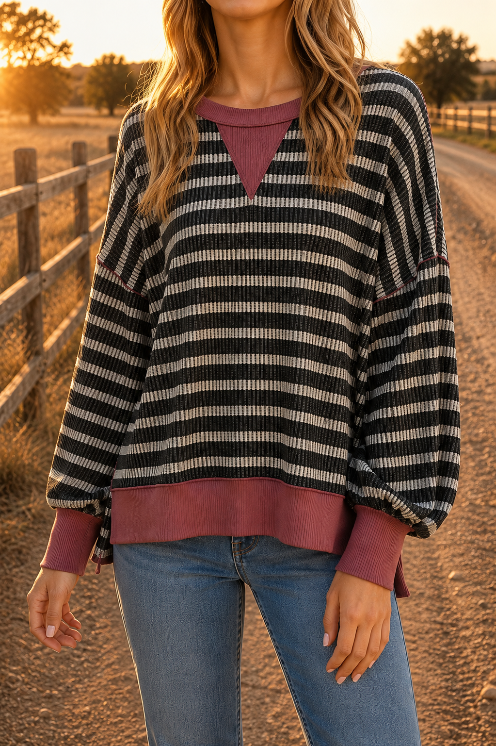 Haptics Two-Tone Striped Mid Weight Sweatshirt