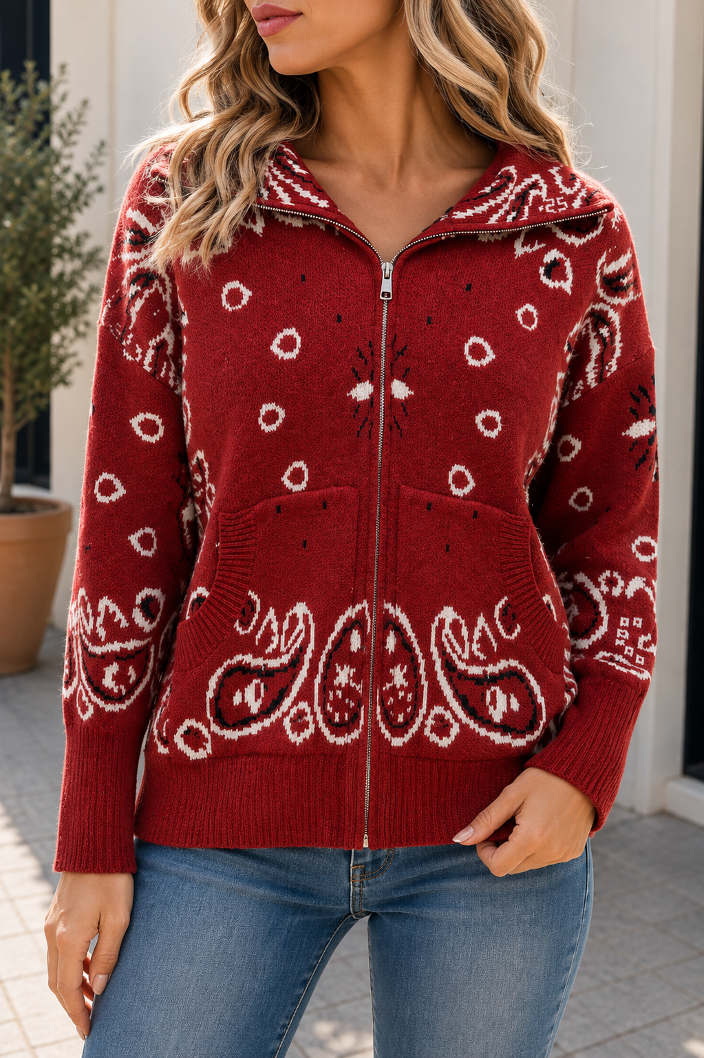 Paisley Charm Zip Up Sweater Jacket