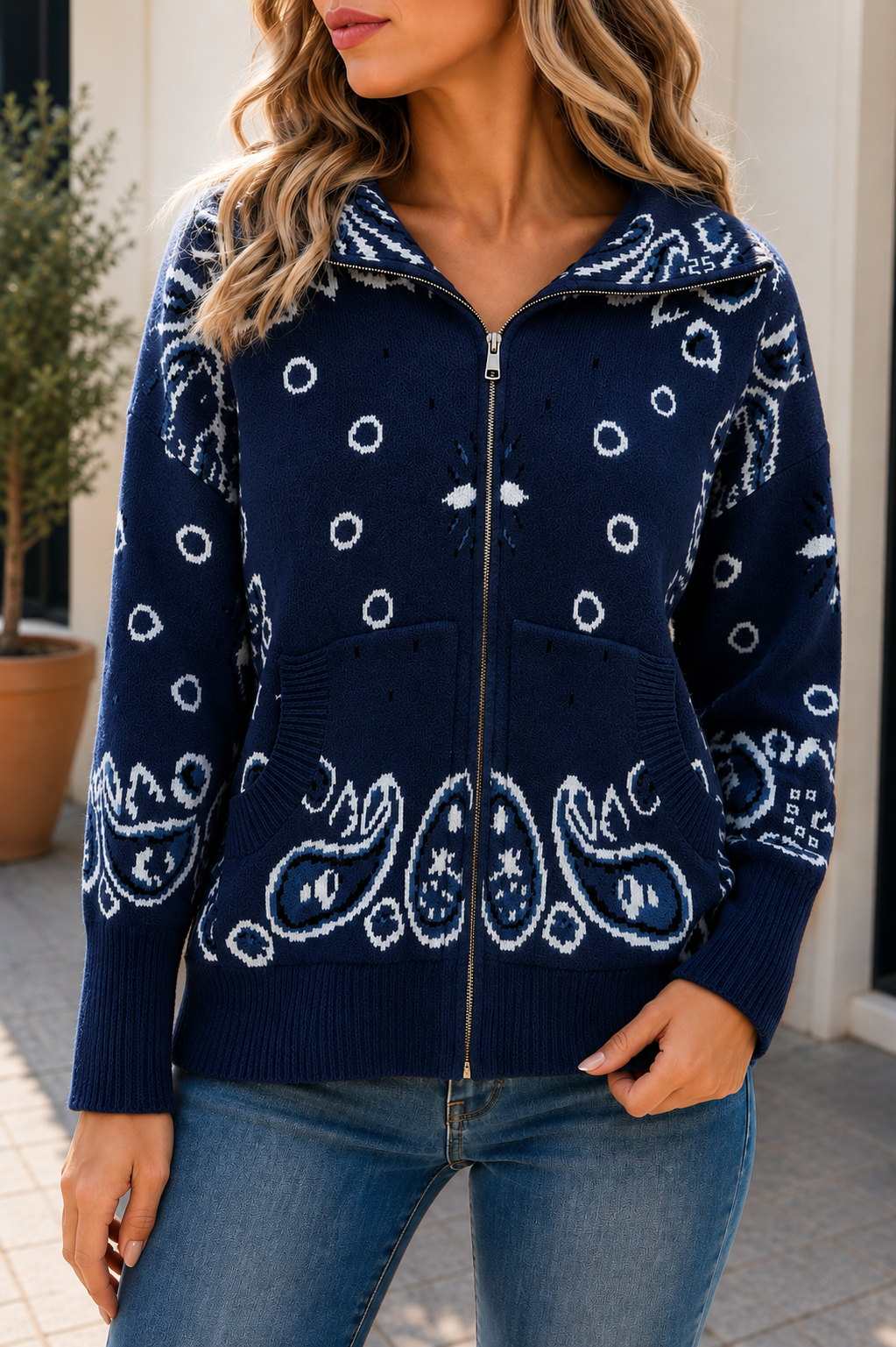 Paisley Charm Zip Up Sweater Jacket
