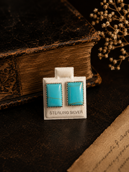 Genuine Turquoise and Sterling Silver Rectangular Stud Earrings