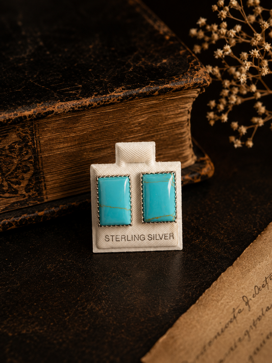 Genuine Turquoise and Sterling Silver Rectangular Stud Earrings