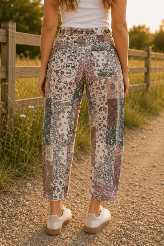 Risen Patchwork Printed Barrel Jeans