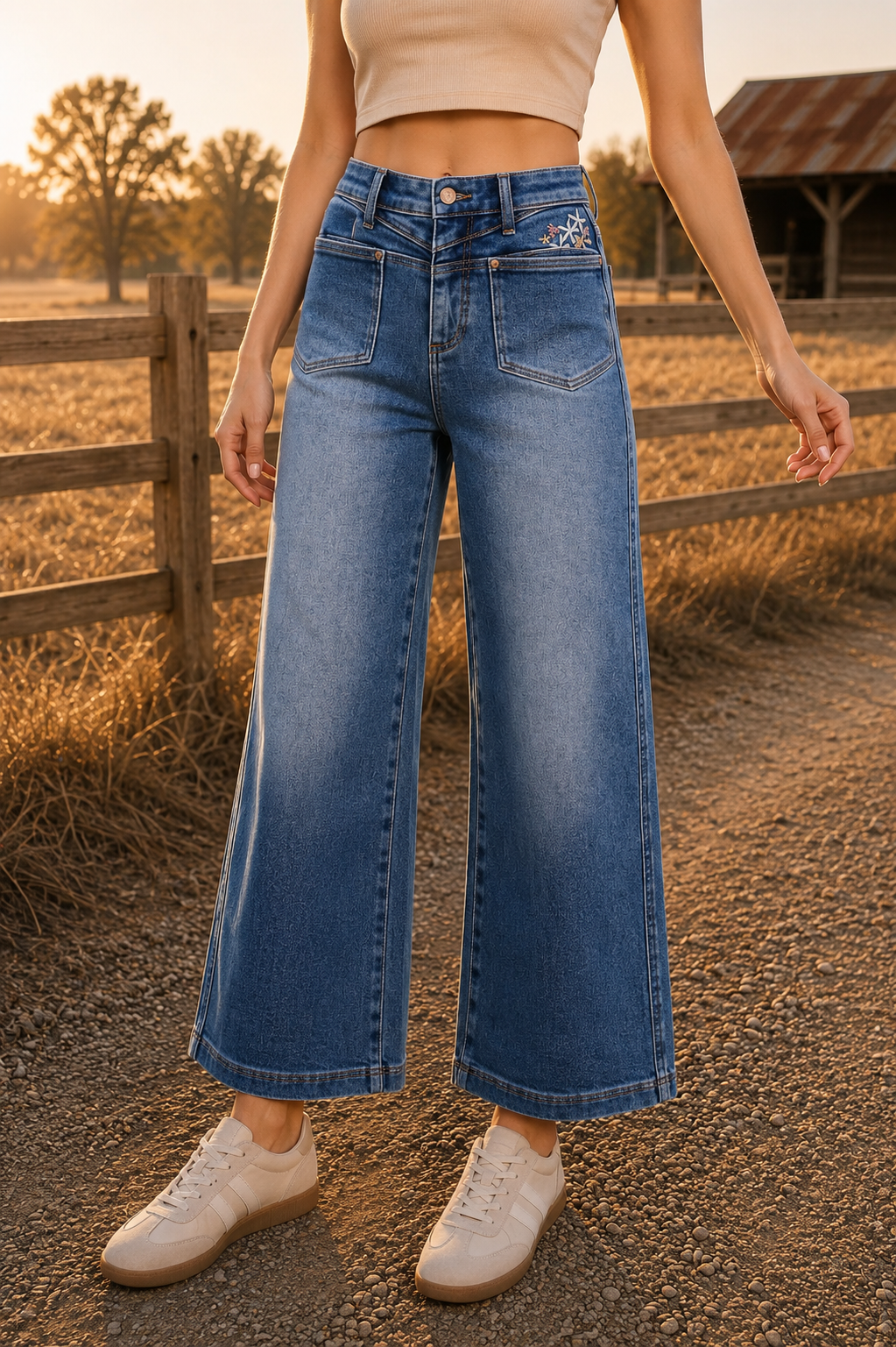 Saige Denim High Rise Crop Wide With Embroidery
