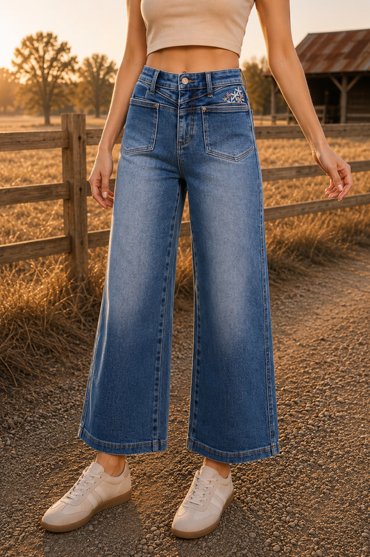 Saige Denim High Rise Crop Wide Leg Jeans With Embroidery