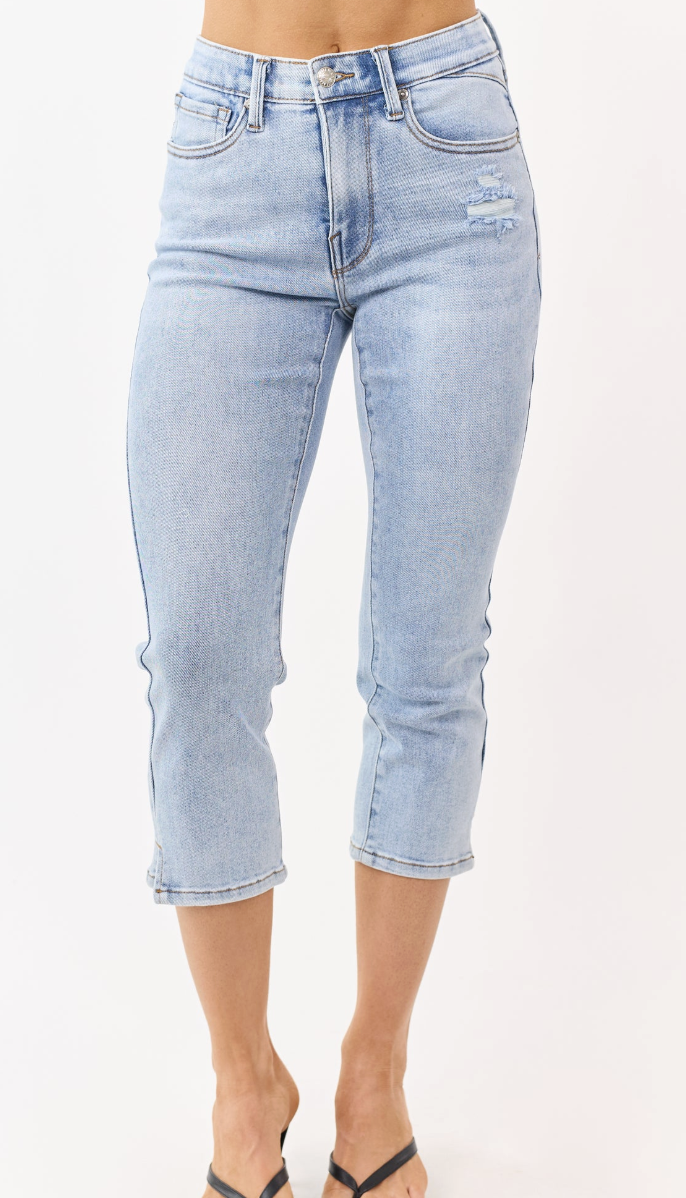 Saige Denim Distressed Capris Light Wash