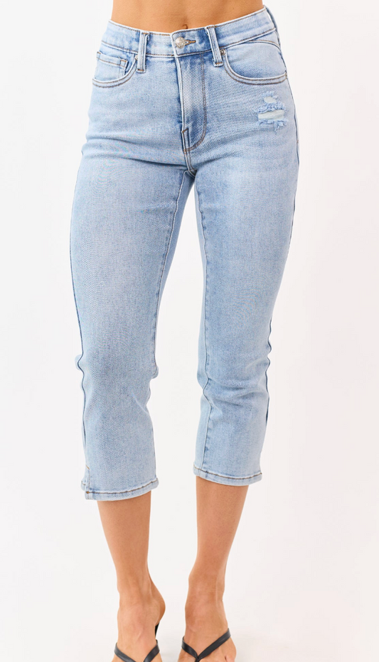 Saige Denim Distressed Capris Light Wash