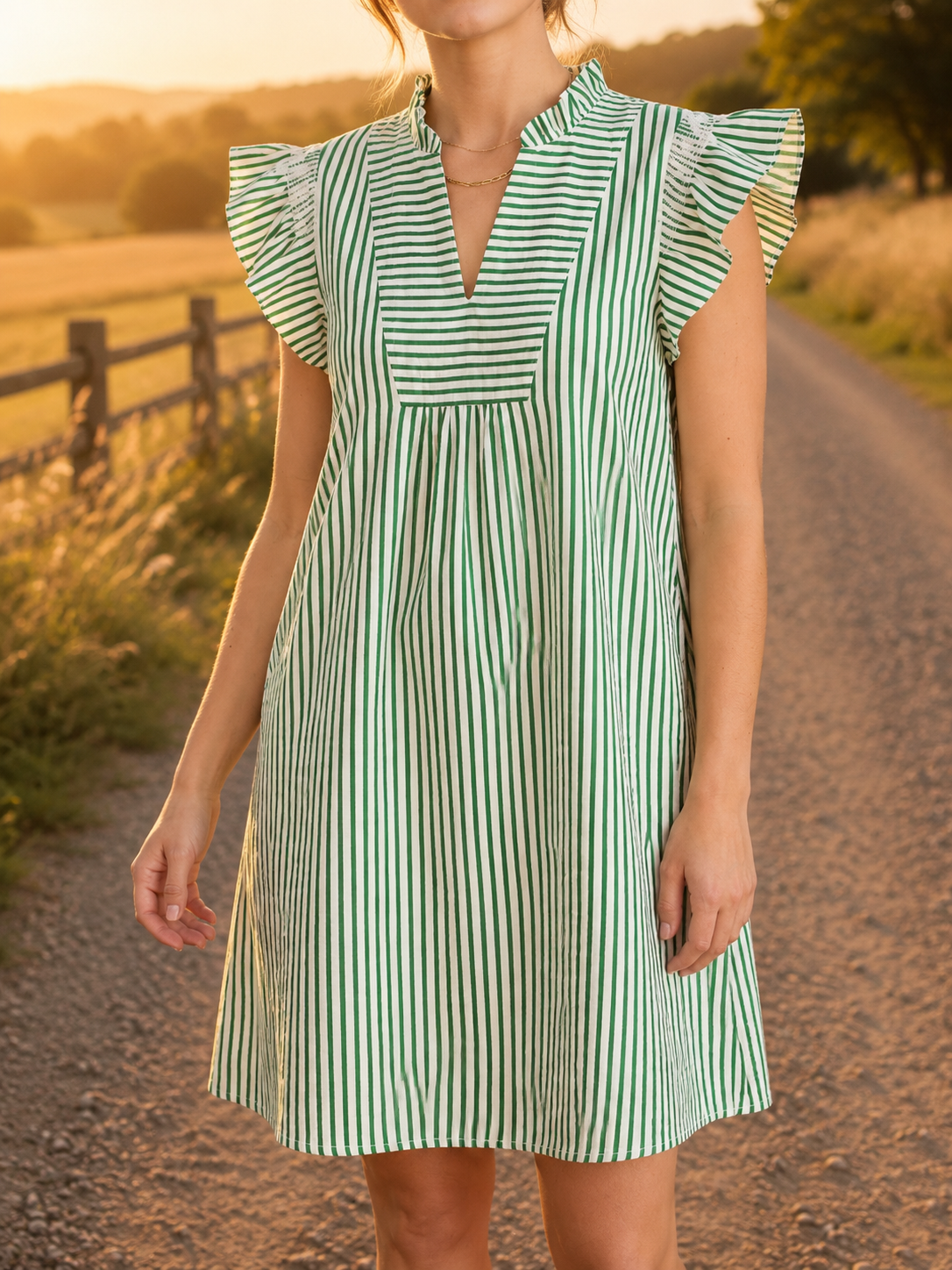 Staccato Split Neck Striped Ruffled Sleeve Dress