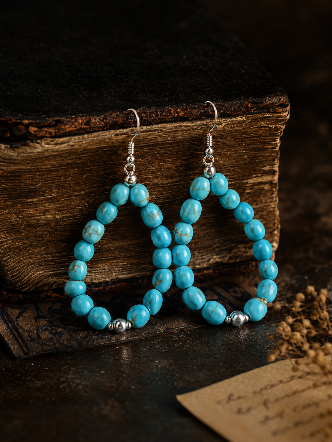 Genuine Turquoise Beaded Teardrop Earrings