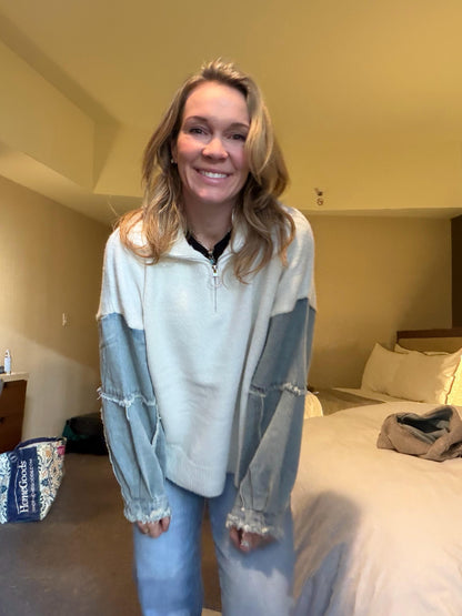 Denim Contrast Half-Zip Pullover Sweater