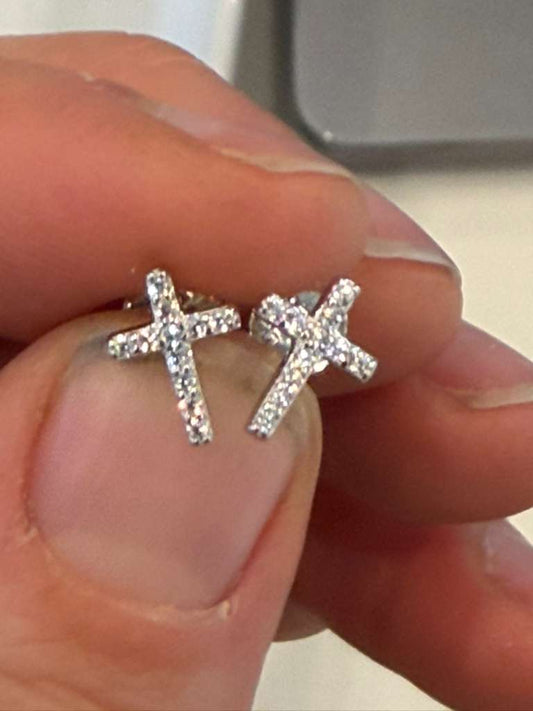Stud Cross Earrings in Sterling Silver and CZ Stones