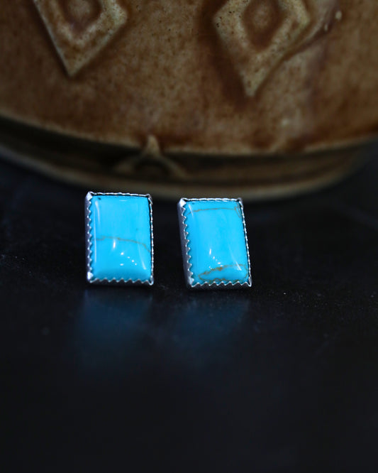 Genuine Turquoise and Sterling Silver Rectangular Stud Earrings