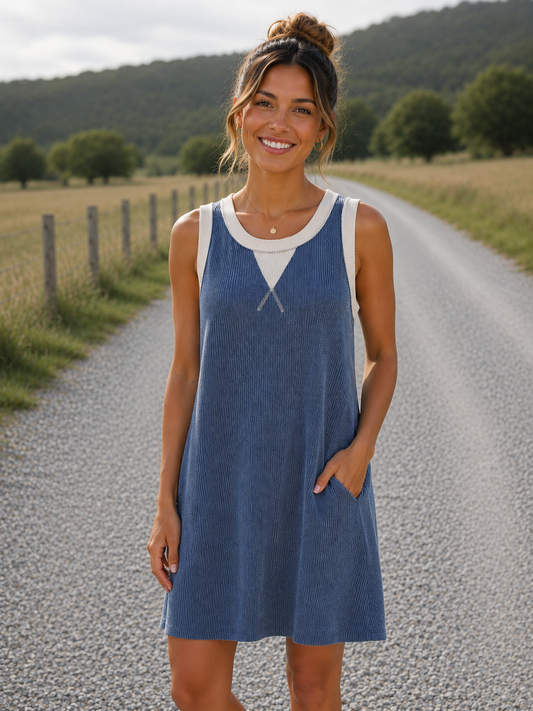 Heimish Round Neck Casual Dress with Pockets