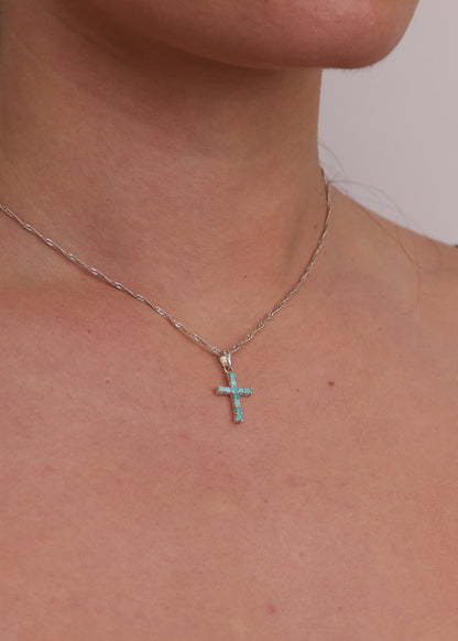 He Lives Turquoise Cross Necklace in Silver