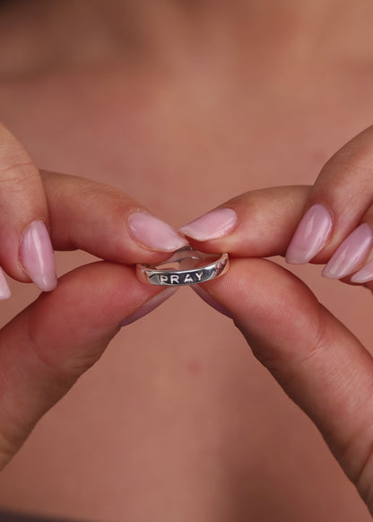 Engraved cross Pray ring in Silver or Gold